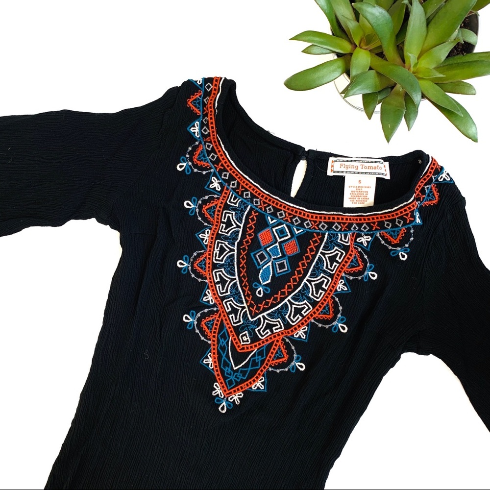 Anthropologie Black Mini Dress with Red & Blue Embroidery